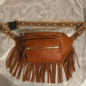 Fringe Faux Leather Belt Bag - Cognac